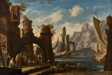 Port méditerranéen avec château en ruines, navires et personnages